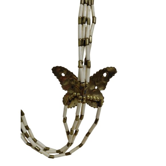 Vintage Multi-Strand White & Brass Beaded Brass Butterfly Pendant Necklace 24" - Picture 3 of 11